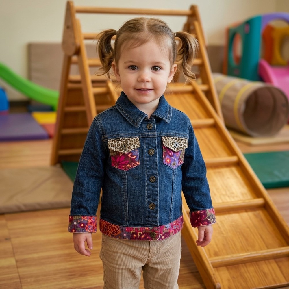 The Place Toddler Girl Denim Jacket, Floral Trim, Snap Close, Pockets, Size 4T